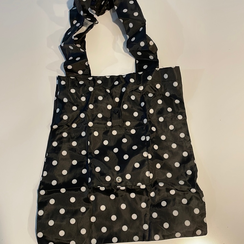 Black and white polka dot fold up tote bag